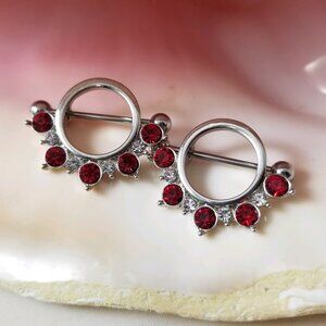 14G Surgical Steel Red and Clear Half Circle CZ Gem Nipple Shield piercing jewel
